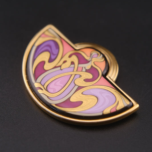 ❤️ Michael Frey Wille Half Moon Enamel Pendant – Hommage à Alphonse Mucha “Sarah Bernhardt Burgundy”, 24K Gold Plated Vienna Austria