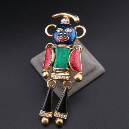 Vintage Articulated Clown Brooch / Pendant – Gold Tone Enamel Rhinestone Movable Figure (Convertible Jewelry)