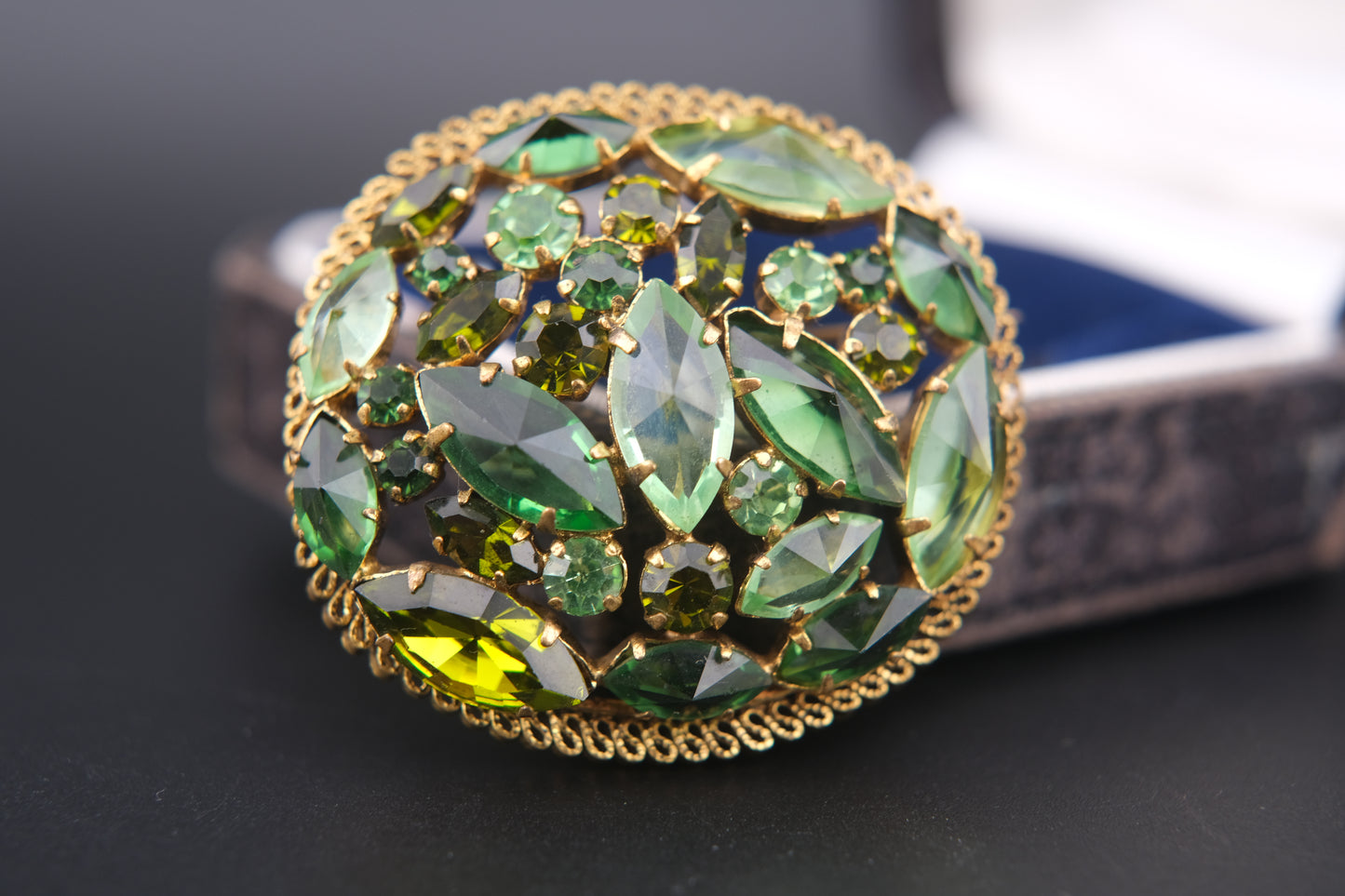 Austria Green Rhinestone Brooch – Gold-Tone Filigree with Navette & Round-Cut Stones