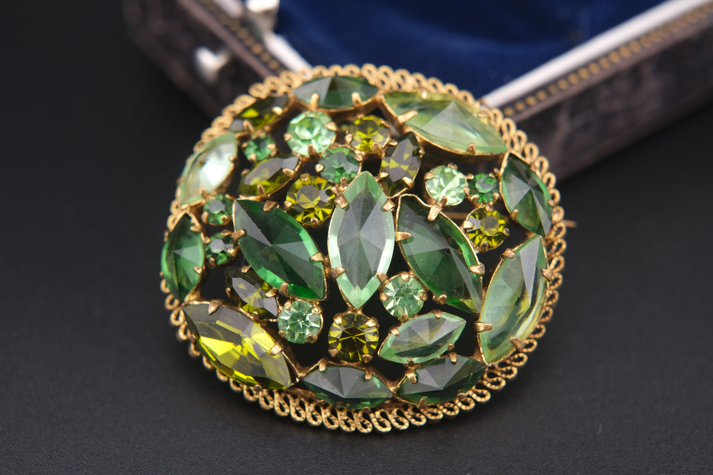 Austria Green Rhinestone Brooch – Gold-Tone Filigree with Navette & Round-Cut Stones