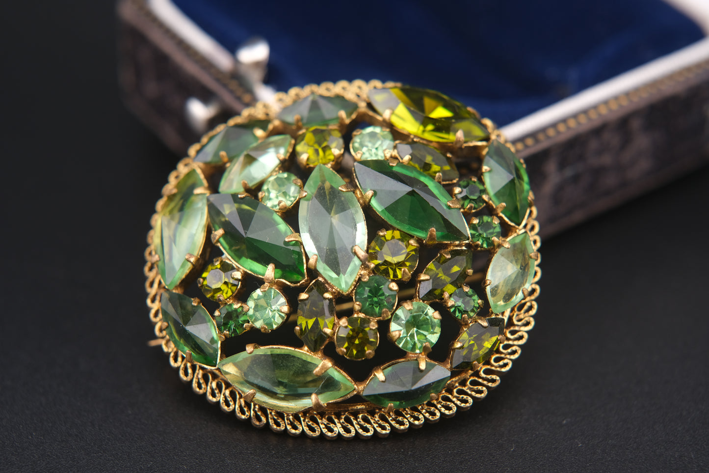 Austria Green Rhinestone Brooch – Gold-Tone Filigree with Navette & Round-Cut Stones