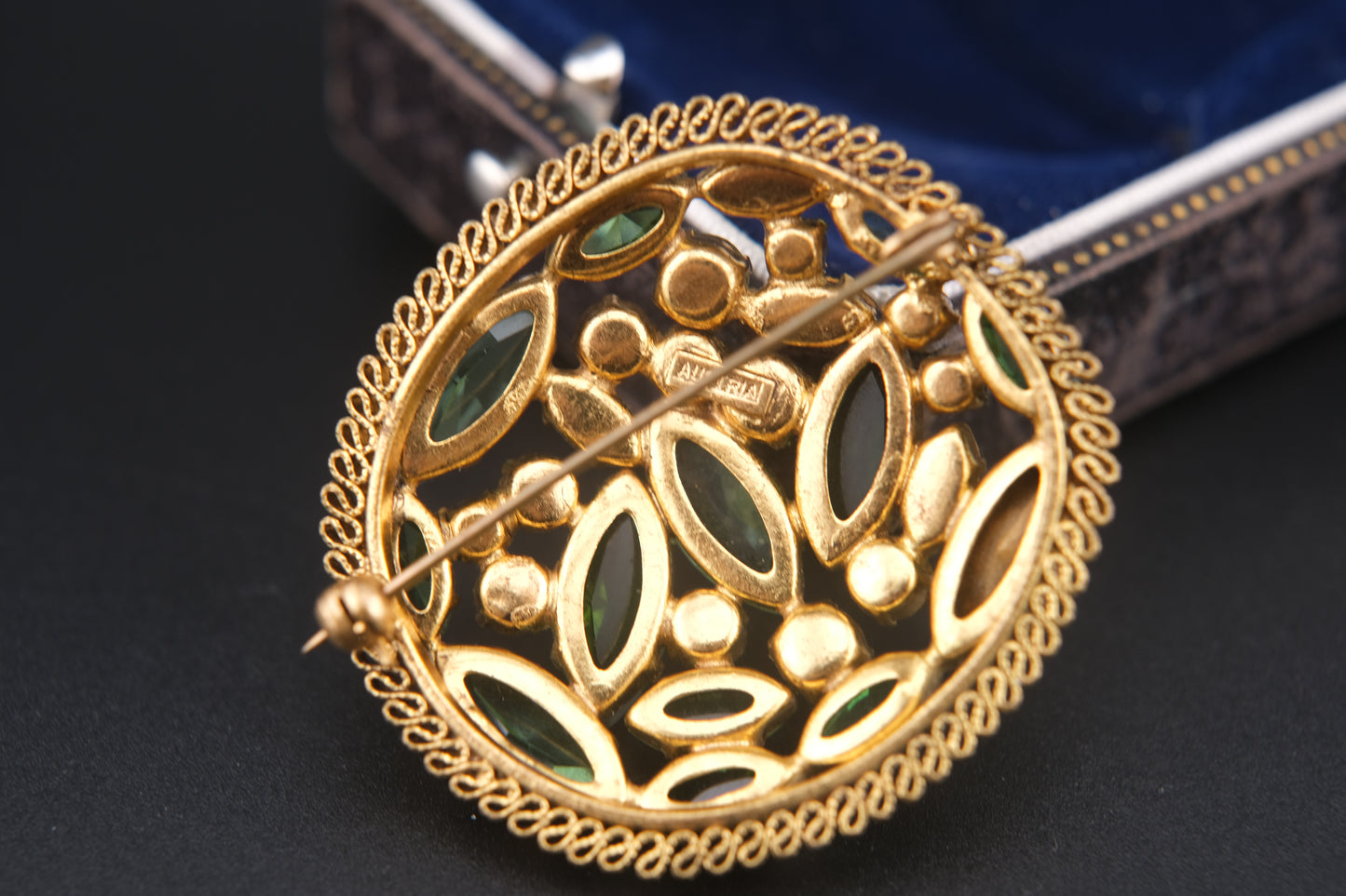 Austria Green Rhinestone Brooch – Gold-Tone Filigree with Navette & Round-Cut Stones