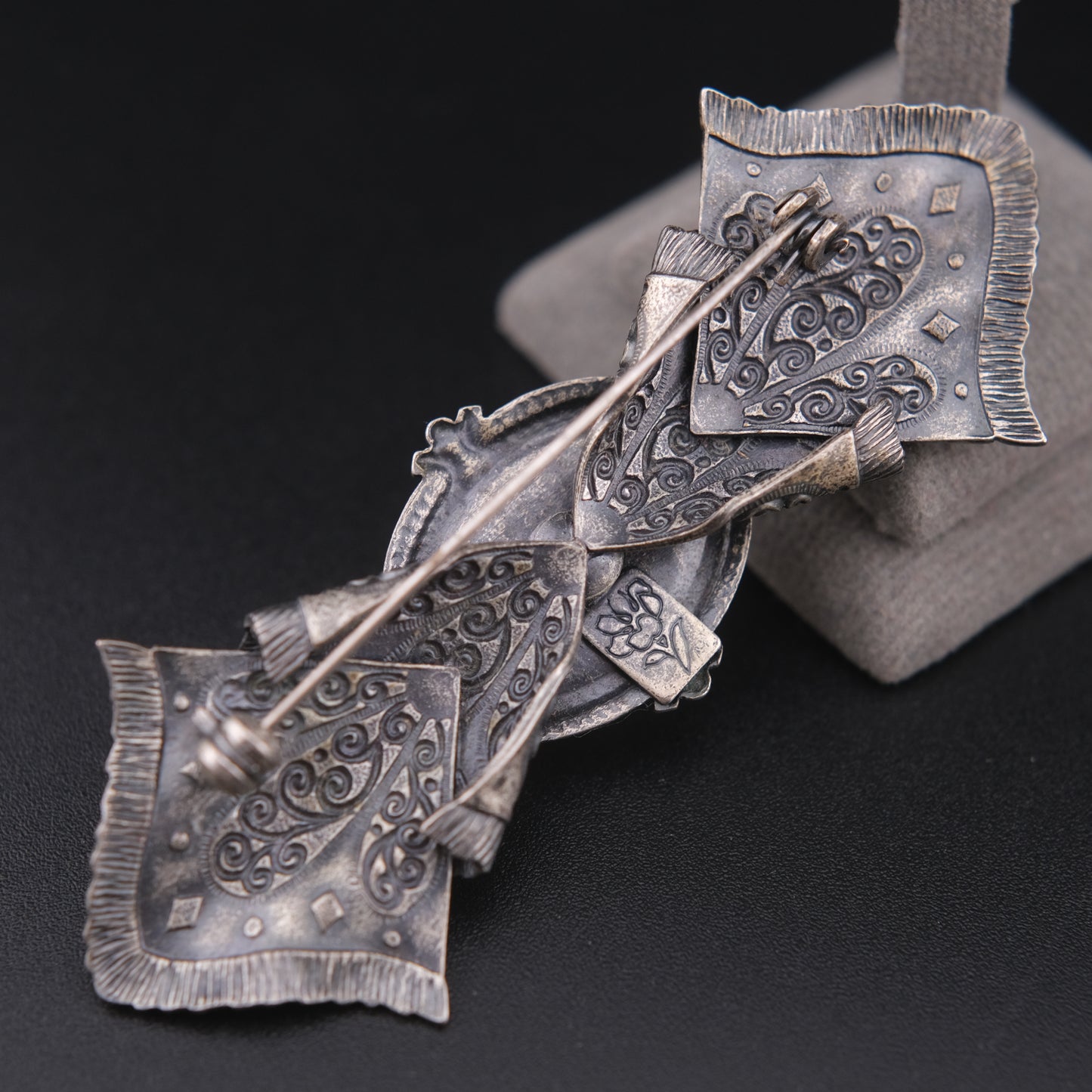 Vintage Sculptural Bow Brooch in Oxidized Silver Tone with Oval Ivory Cabochon and Rhinestone Accents, Signed