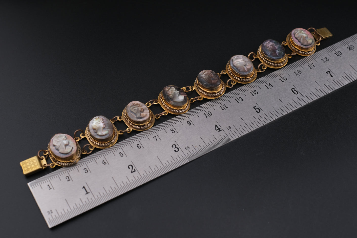 Vintage Mother of Pearl Cameo Bracelet – 7" Hand-Carved Profile Medallions