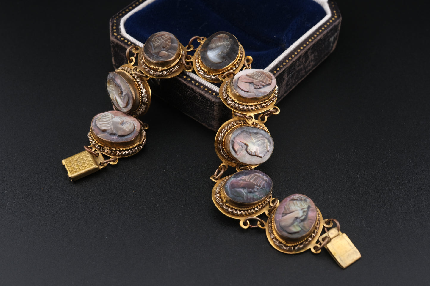 Vintage Mother of Pearl Cameo Bracelet – 7" Hand-Carved Profile Medallions