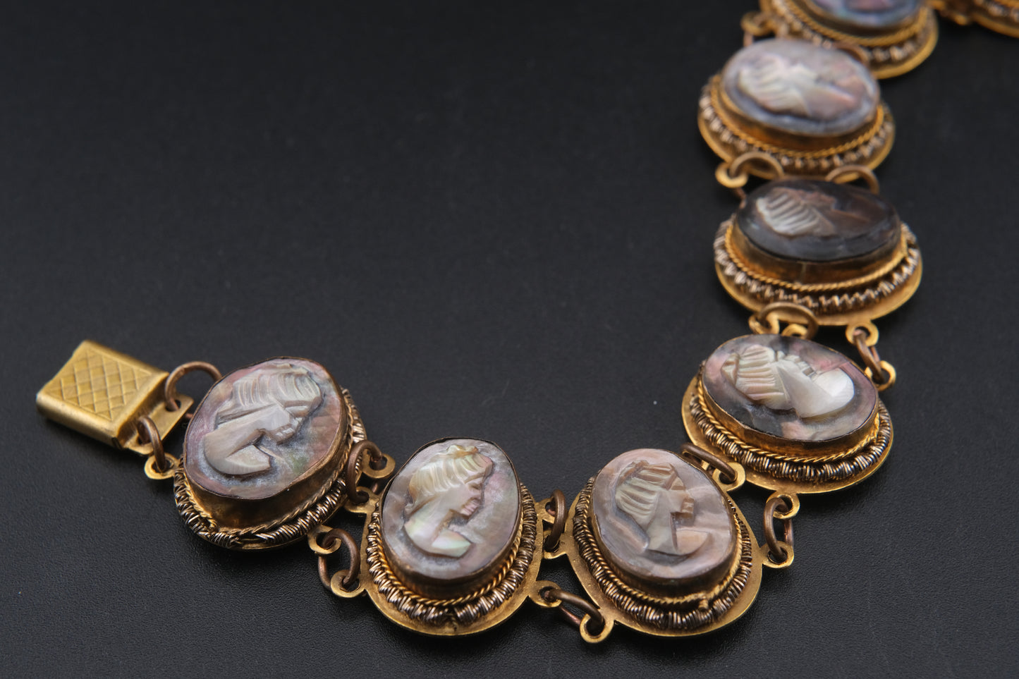 Vintage Mother of Pearl Cameo Bracelet – 7" Hand-Carved Profile Medallions