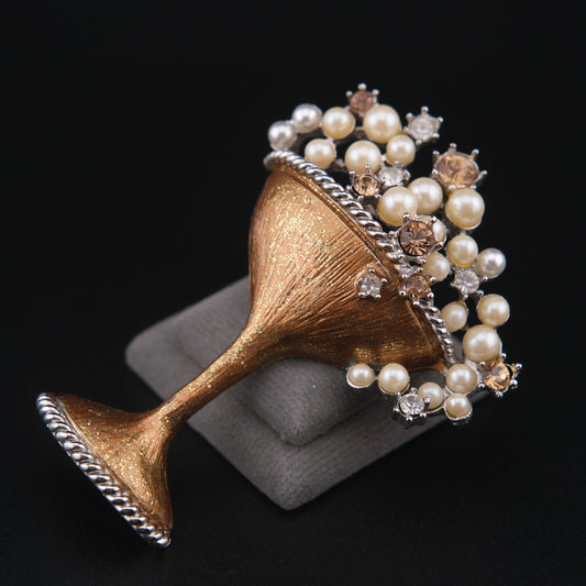 ❤️ Vintage Graziano 2000 Champagne Glass Brooch Faux Pearl Austrian Crystal Gold Enamel Millennium Celebration Pin