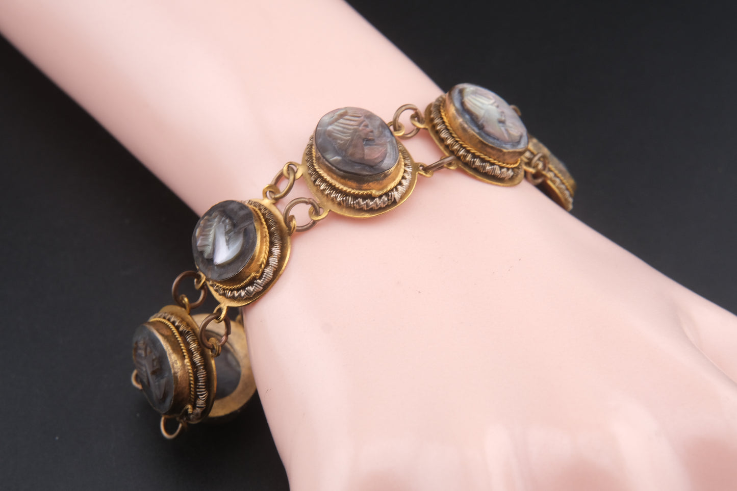 Vintage Mother of Pearl Cameo Bracelet – 7" Hand-Carved Profile Medallions