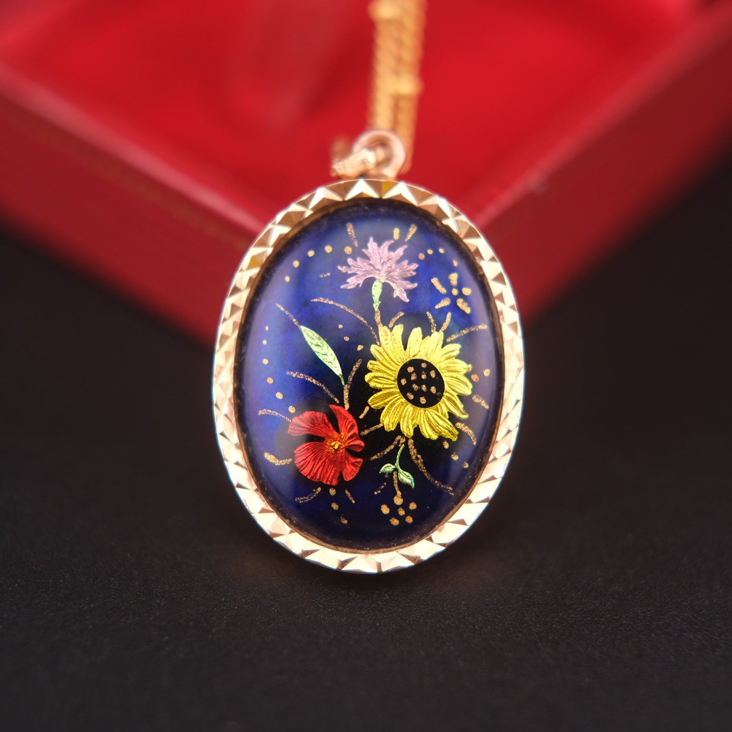 Vintage J. Tanvier Blois Hand-Painted Floral Pendant Necklace – French Enamel Art on Gold-Tone Chain