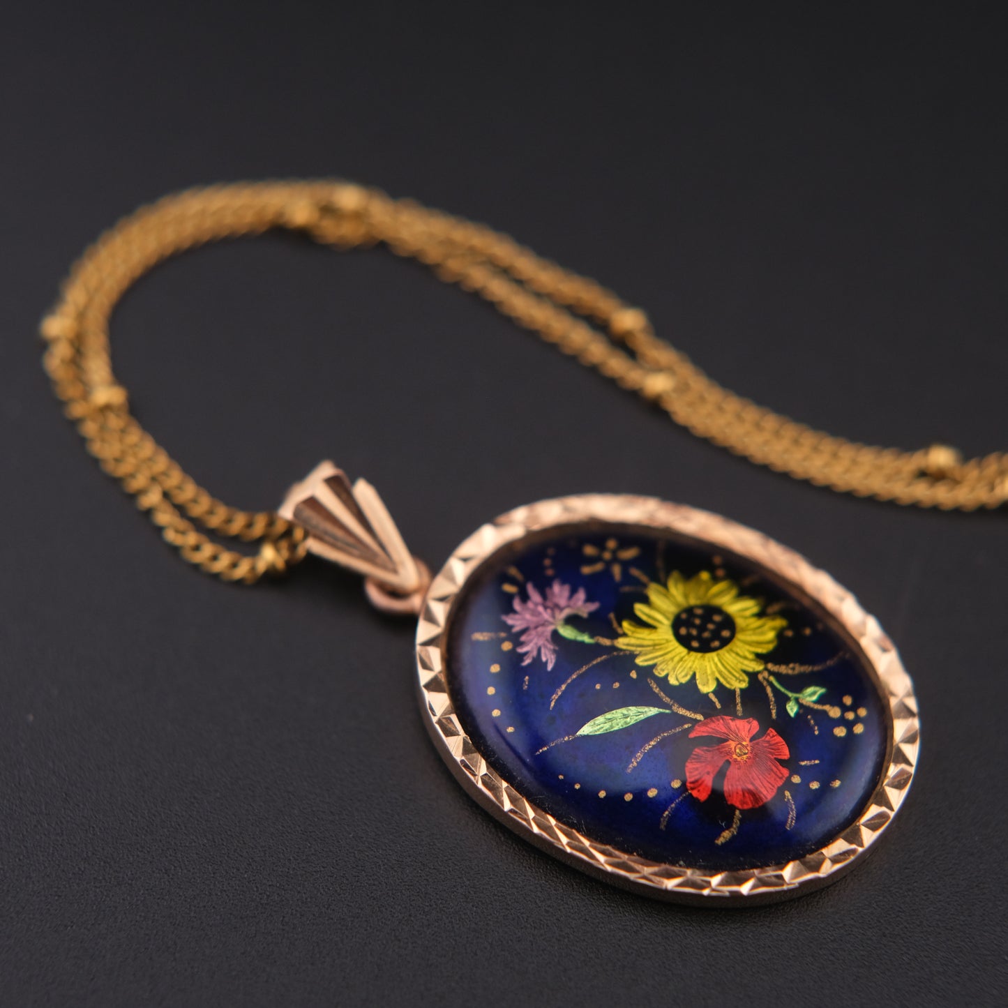 Vintage J. Tanvier Blois Hand-Painted Floral Pendant Necklace – French Enamel Art on Gold-Tone Chain
