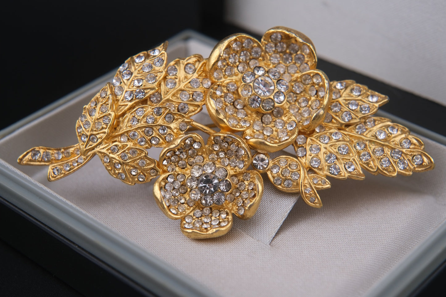 Vintage Kenzo Floral Brooch – Gold-Tone with Crystal Rhinestones (Original Box)