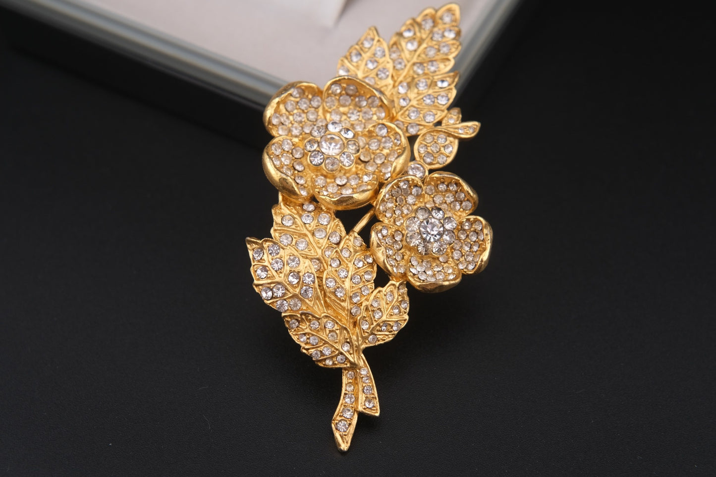 Vintage Kenzo Floral Brooch – Gold-Tone with Crystal Rhinestones (Original Box)