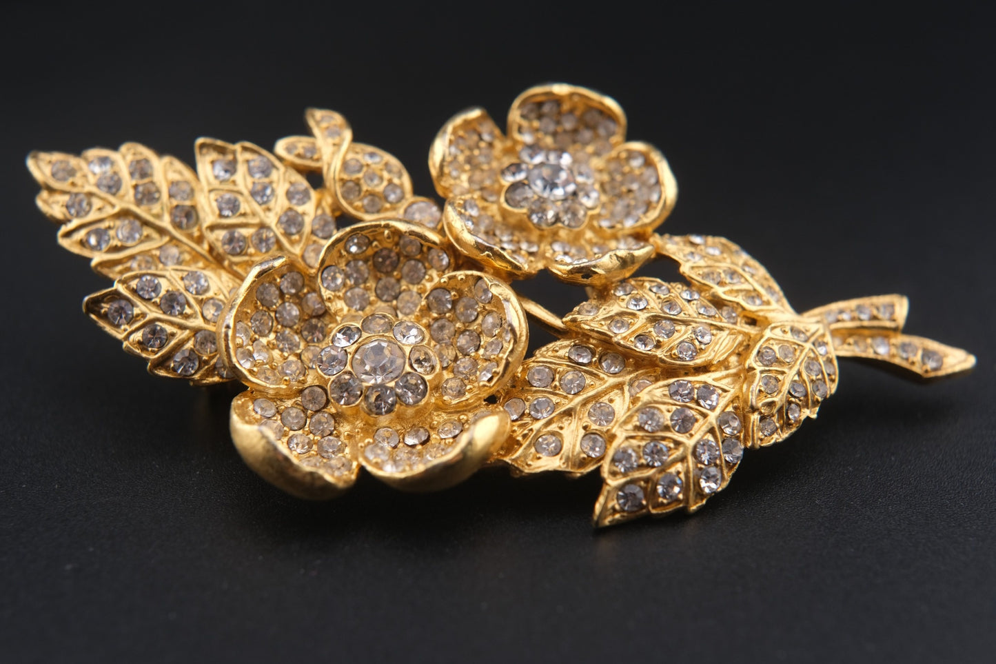 Vintage Kenzo Floral Brooch – Gold-Tone with Crystal Rhinestones (Original Box)