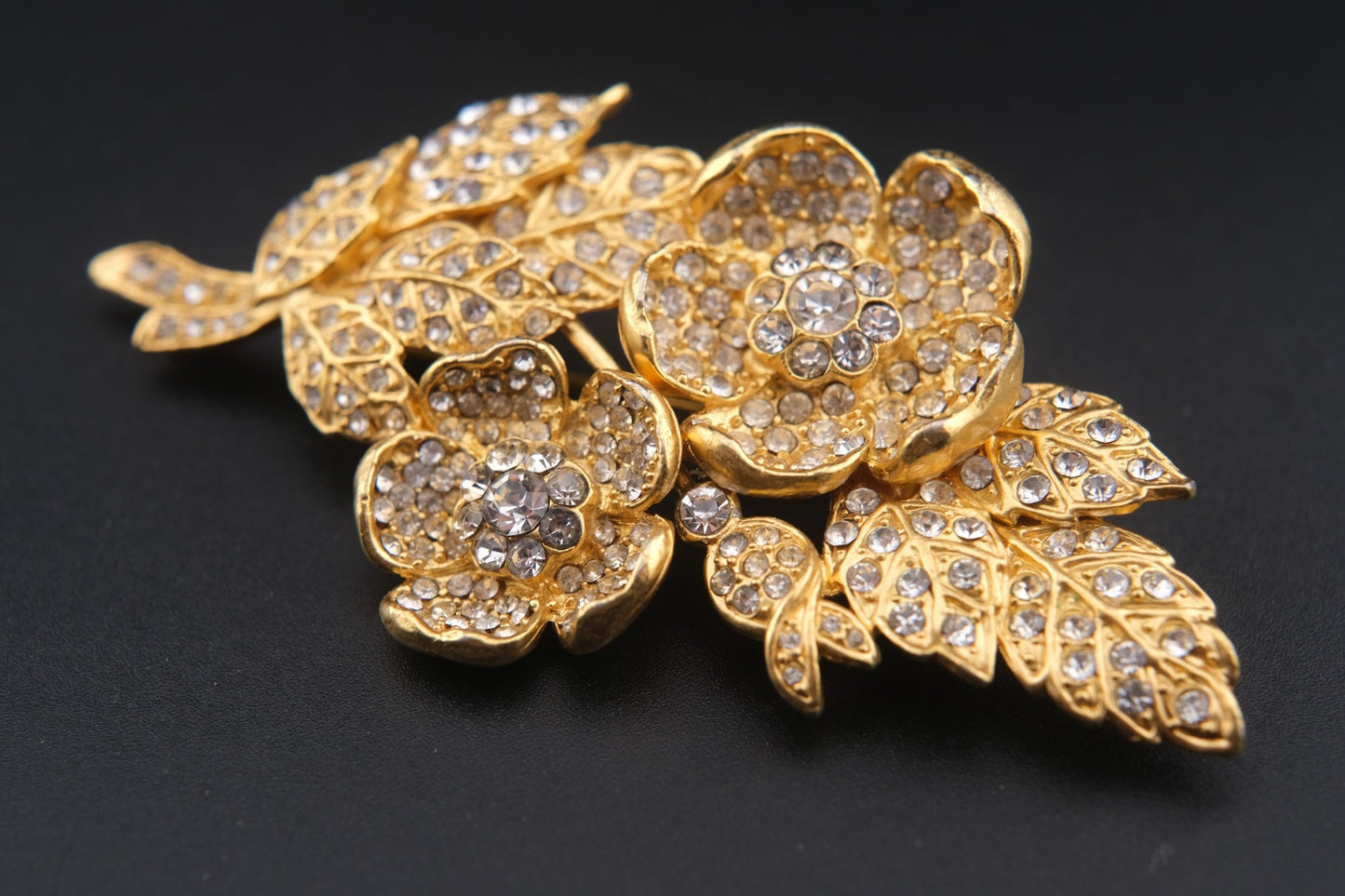 Vintage Kenzo Floral Brooch – Gold-Tone with Crystal Rhinestones (Original Box)