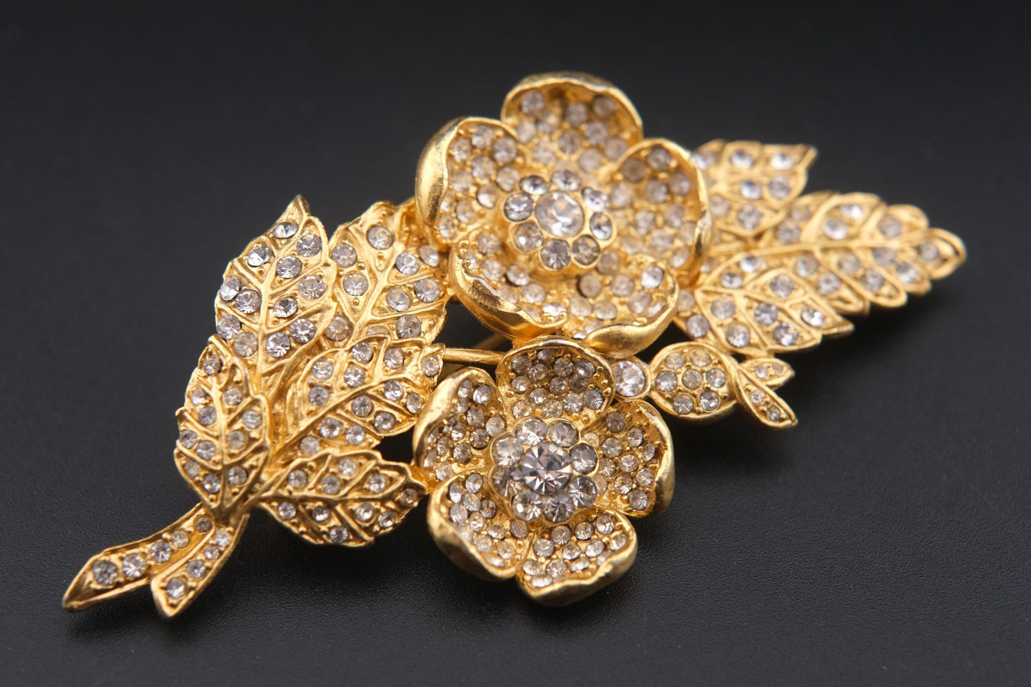 Vintage Kenzo Floral Brooch – Gold-Tone with Crystal Rhinestones (Original Box)