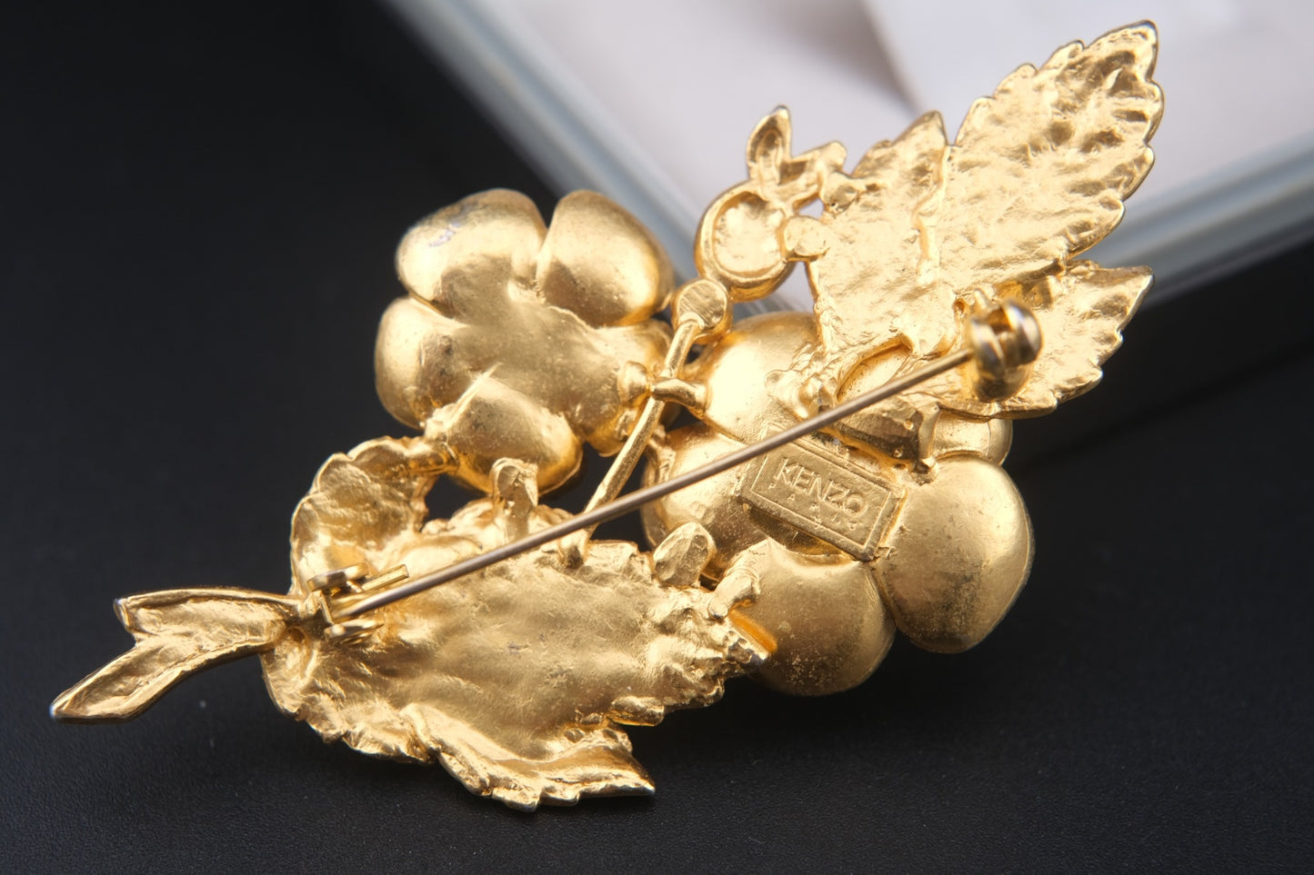 Vintage Kenzo Floral Brooch – Gold-Tone with Crystal Rhinestones (Original Box)