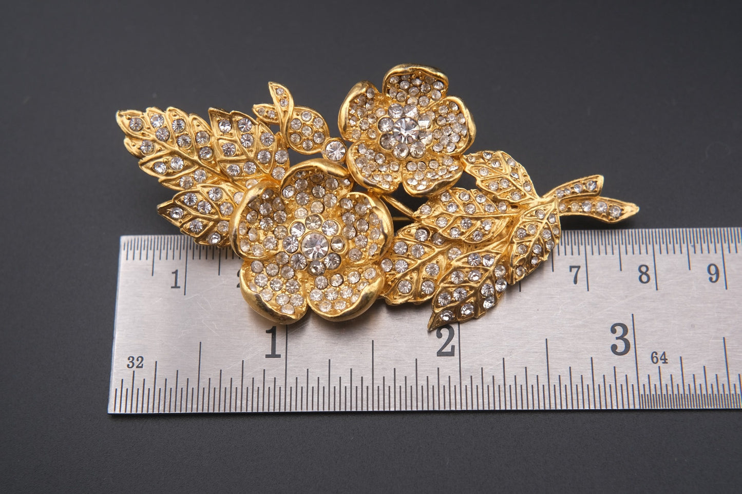 Vintage Kenzo Floral Brooch – Gold-Tone with Crystal Rhinestones (Original Box)