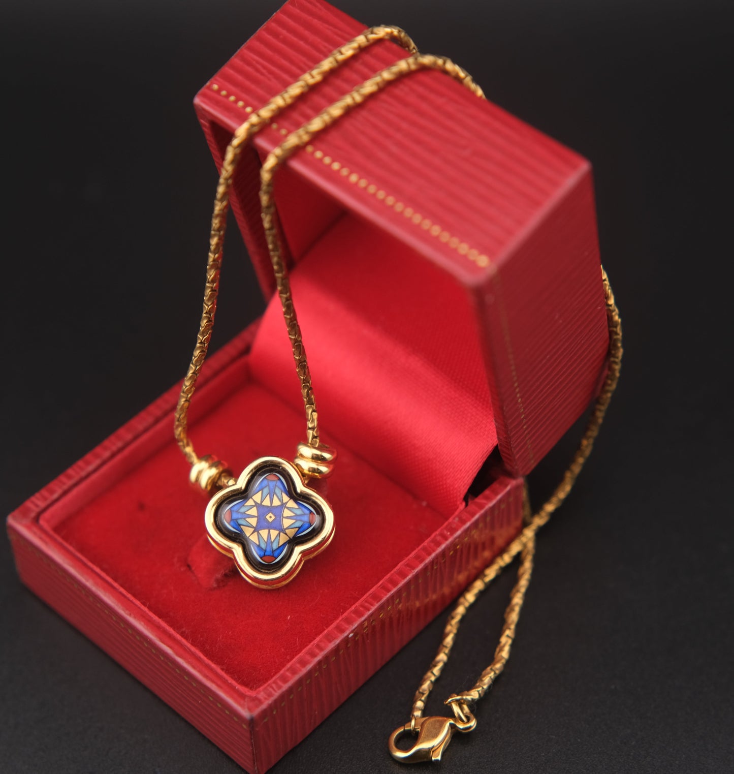 Vintage Michaela Frey Wien Cloisonné Enamel Quatrefoil Pendant Necklace