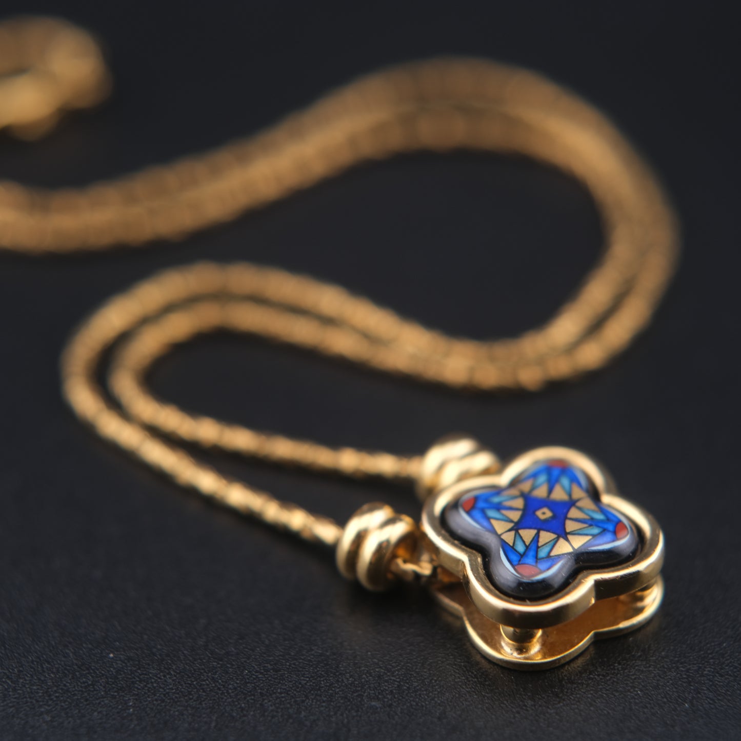 Vintage Michaela Frey Wien Cloisonné Enamel Quatrefoil Pendant Necklace