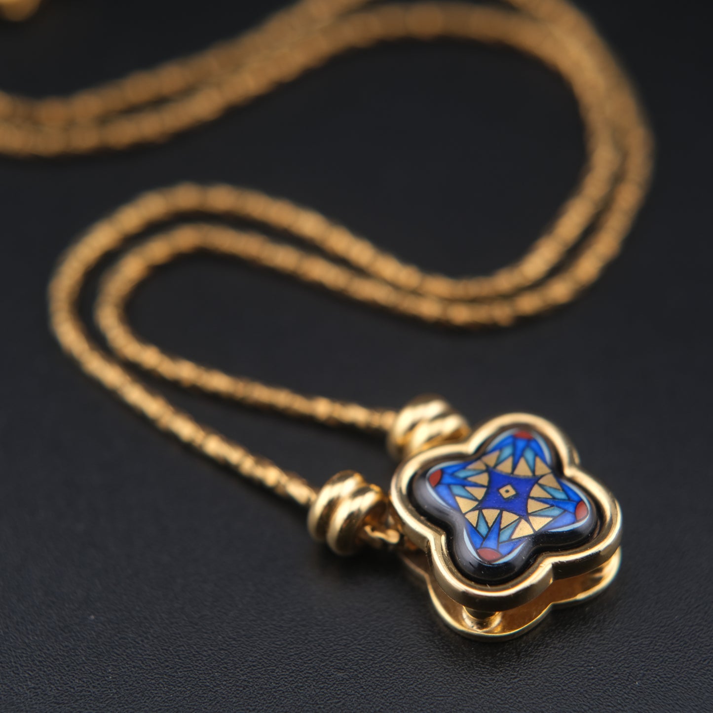 Vintage Michaela Frey Wien Cloisonné Enamel Quatrefoil Pendant Necklace