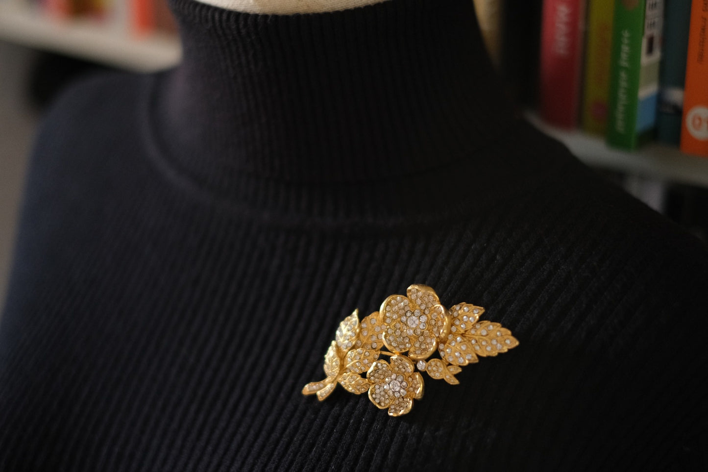 Vintage Kenzo Floral Brooch – Gold-Tone with Crystal Rhinestones (Original Box)