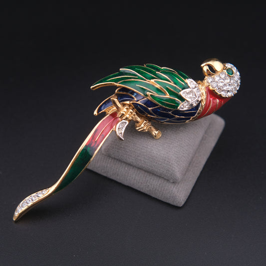 ❤️ Vintage Attwood & Sawyer Enamel Parrot Brooch Gold Tone Rhinestone Bird Pin Long Tropical Parrot Statement Brooch