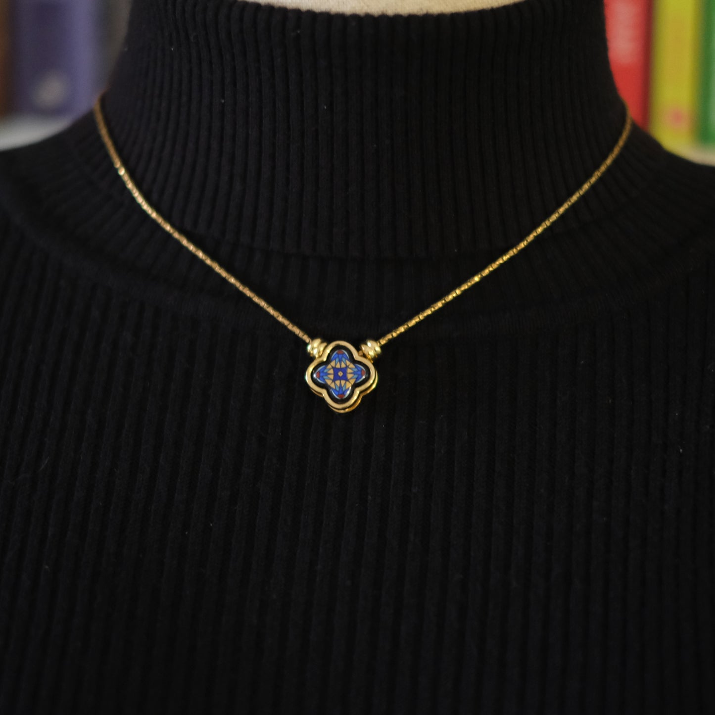 Vintage Michaela Frey Wien Cloisonné Enamel Quatrefoil Pendant Necklace
