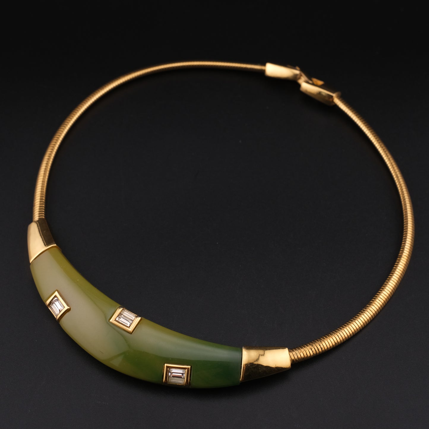 Vintage Givenchy Green Resin & Gold-Tone Choker Necklace with Rhinestones