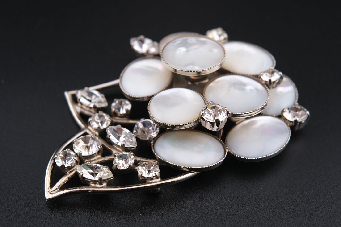 Vintage Signed Philippe Ferrandis Camellia Brooch – Mother of Pearl & Crystal Floral Statement