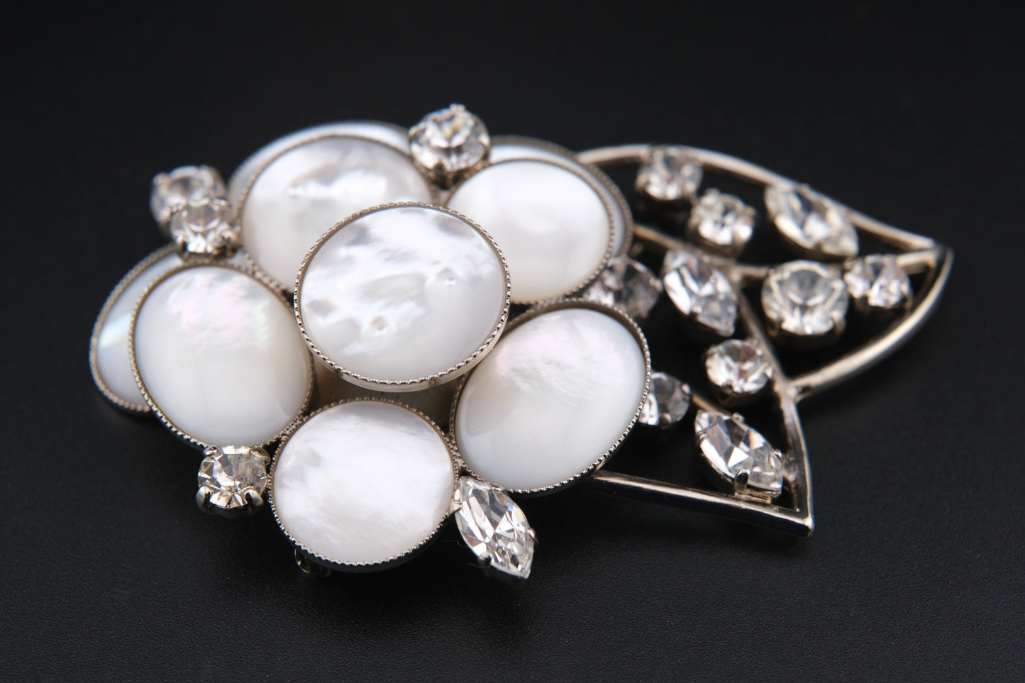 Vintage Signed Philippe Ferrandis Camellia Brooch – Mother of Pearl & Crystal Floral Statement