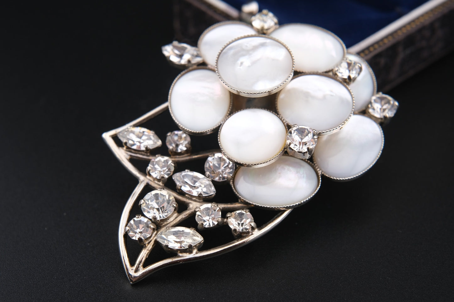 Vintage Signed Philippe Ferrandis Camellia Brooch – Mother of Pearl & Crystal Floral Statement