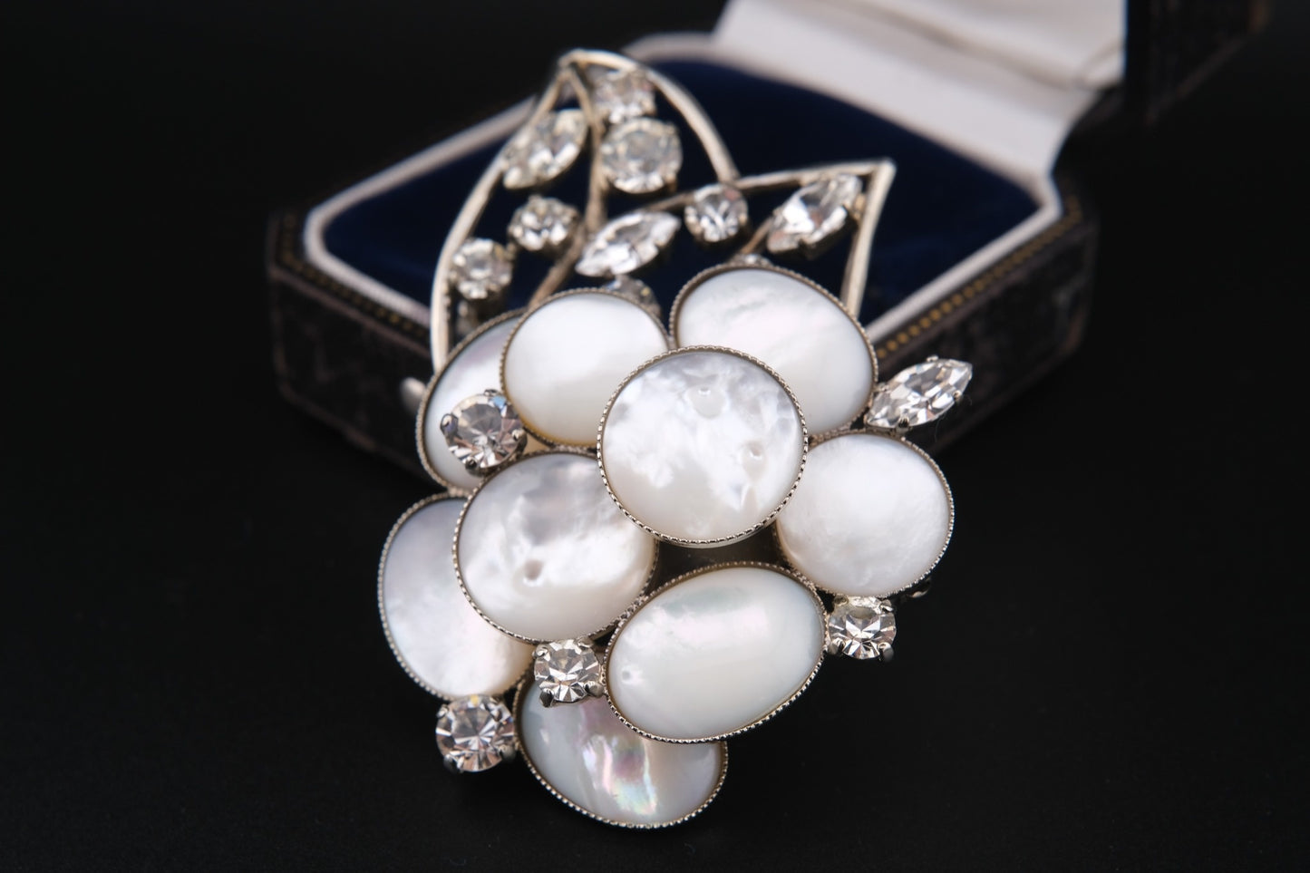 Vintage Signed Philippe Ferrandis Camellia Brooch – Mother of Pearl & Crystal Floral Statement