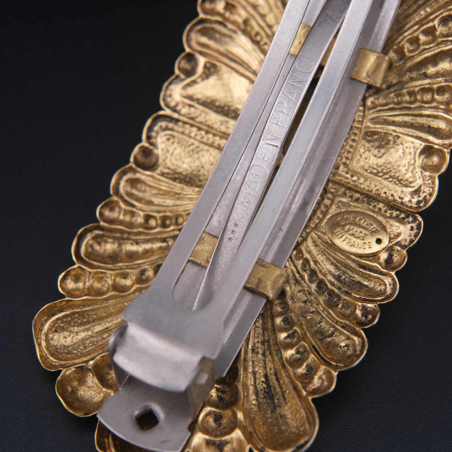 Vintage Zoe Coste Gold-Tone Hair Barrette with Iridescent Mosaic Center – Made in France