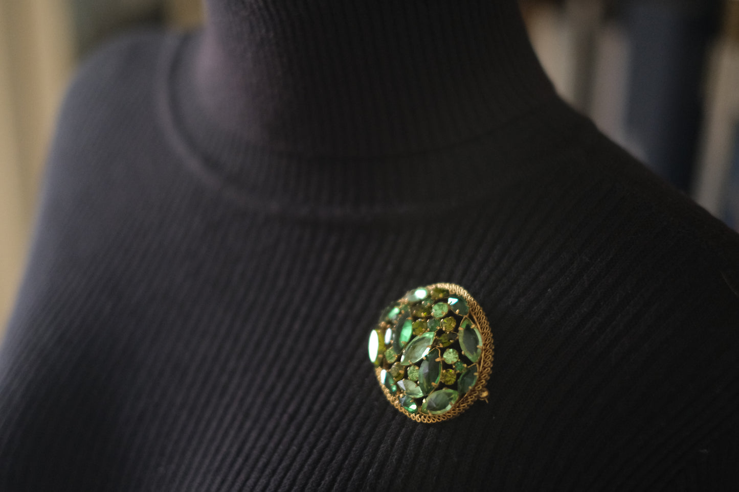 Austria Green Rhinestone Brooch – Gold-Tone Filigree with Navette & Round-Cut Stones