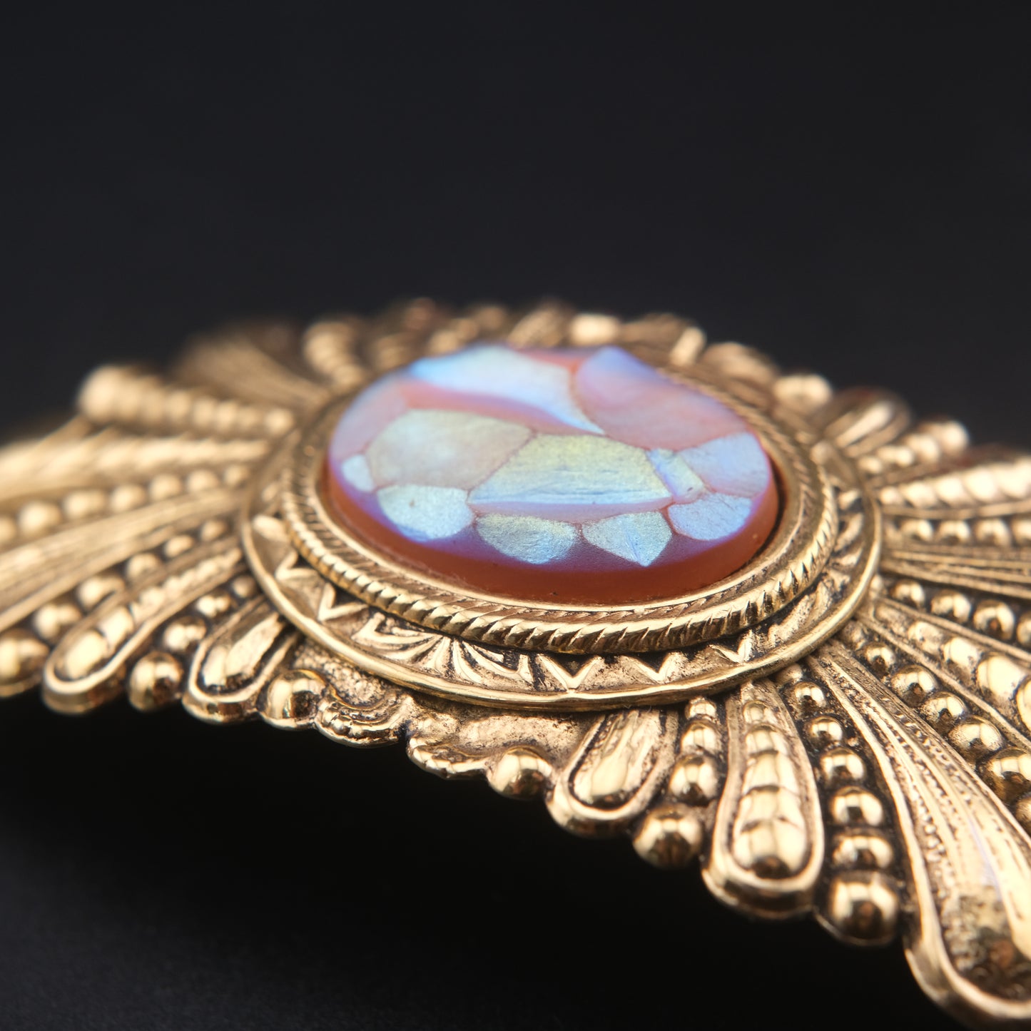 Vintage Zoe Coste Gold-Tone Hair Barrette with Iridescent Mosaic Center – Made in France