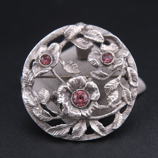 ❤️ Vintage Coro February Primrose Brooch – Silver-Tone Floral Openwork with Amethyst Glass Accents