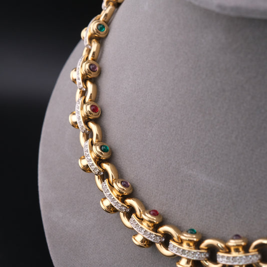 ❤️ Vintage Swarovski Gold Tone Necklace with Multicolor Cabochon Crystals & Pavé Links – Signed