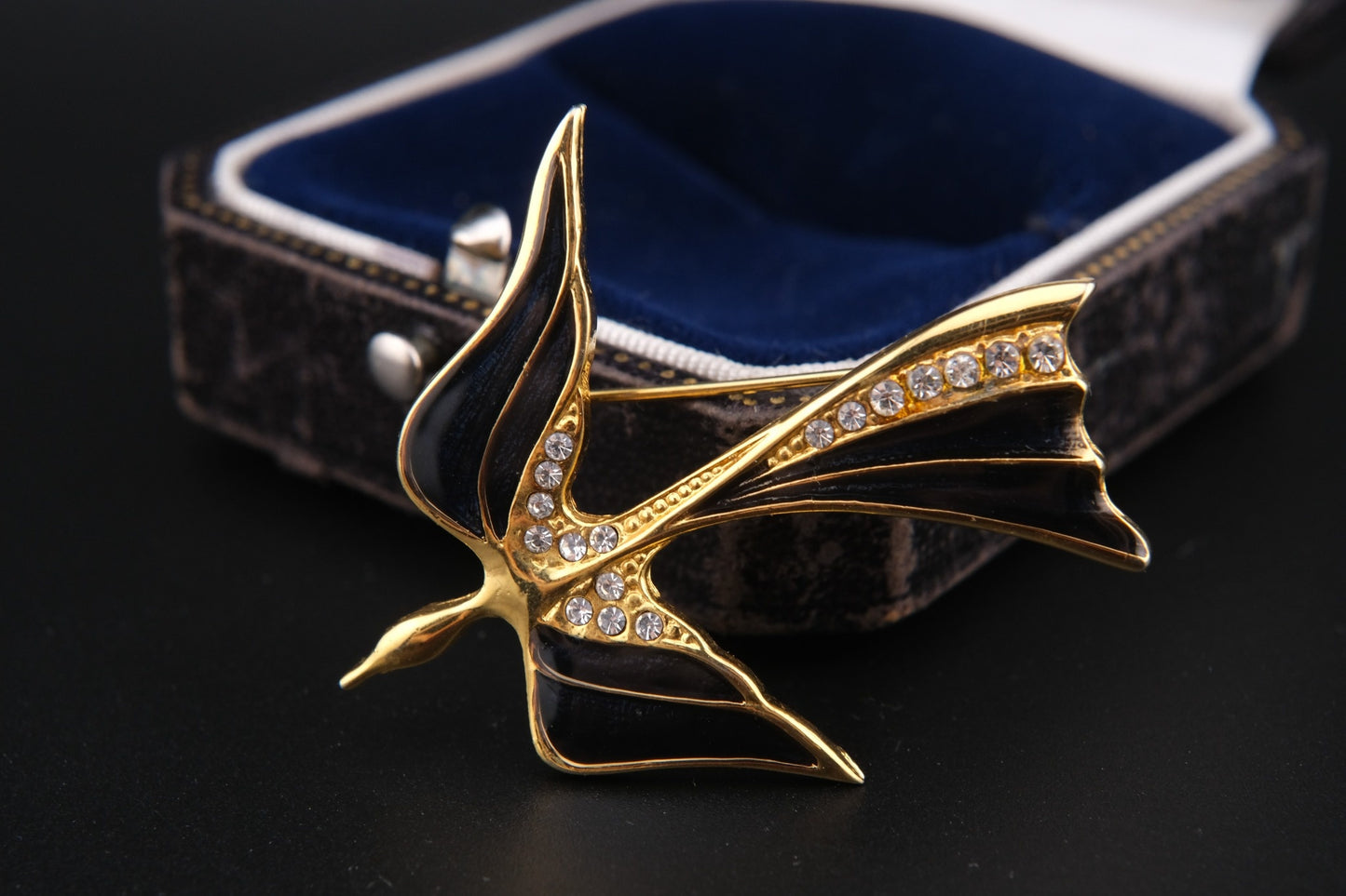 Vintage Karl Lagerfeld Black Enamel & Rhinestone Swallow Brooch – Gold-Tone, Signed