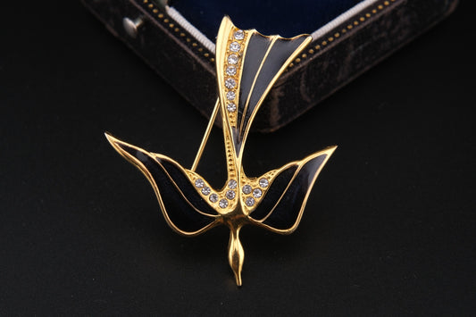 Vintage Karl Lagerfeld Black Enamel & Rhinestone Swallow Brooch – Gold-Tone, Signed