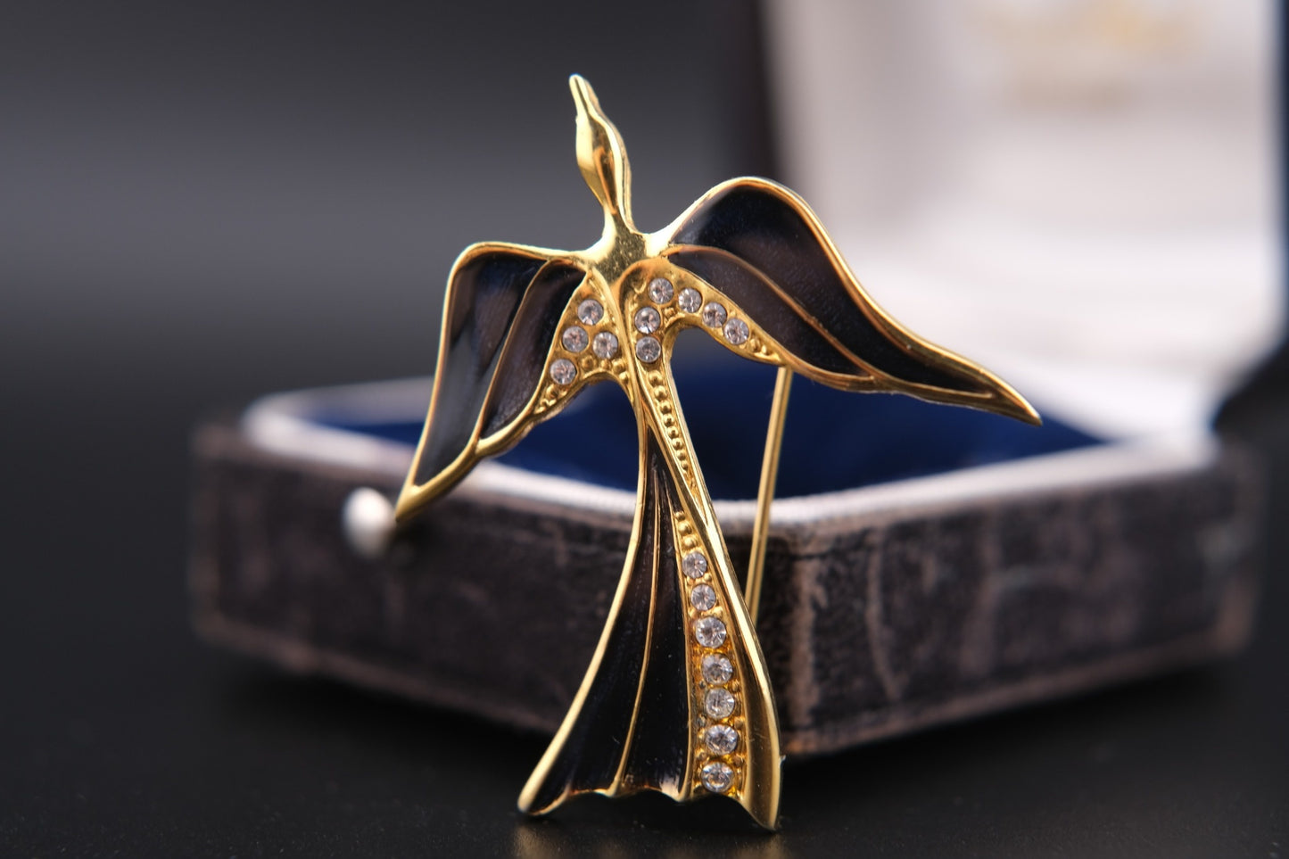 Vintage Karl Lagerfeld Black Enamel & Rhinestone Swallow Brooch – Gold-Tone, Signed