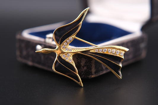 Vintage Karl Lagerfeld Black Enamel & Rhinestone Swallow Brooch – Gold-Tone, Signed