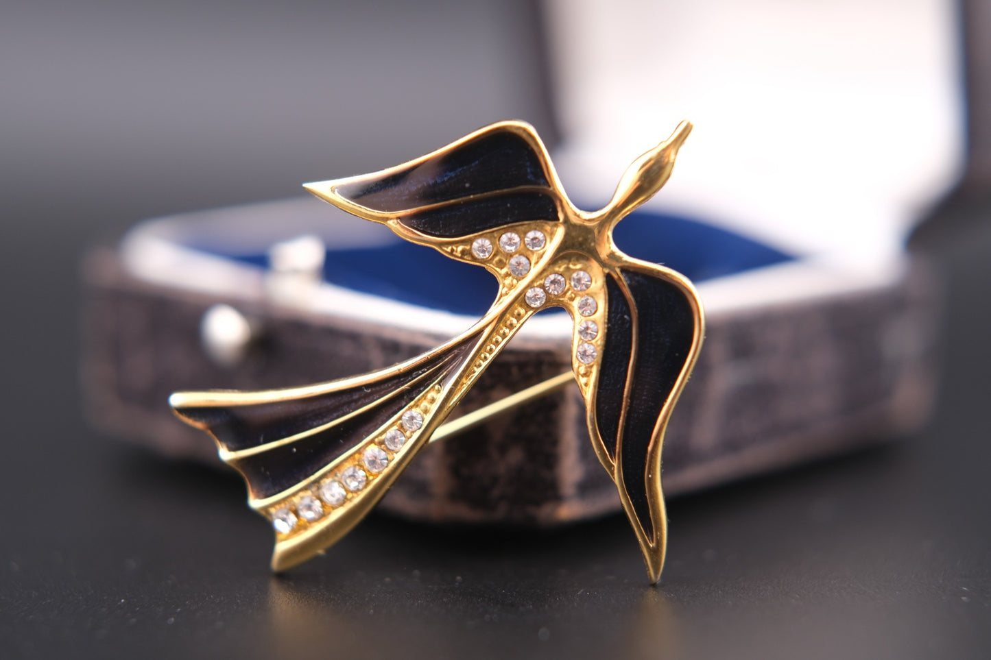 Vintage Karl Lagerfeld Black Enamel & Rhinestone Swallow Brooch – Gold-Tone, Signed