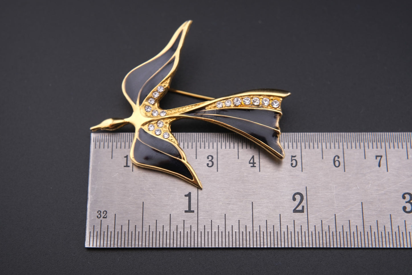 Vintage Karl Lagerfeld Black Enamel & Rhinestone Swallow Brooch – Gold-Tone, Signed