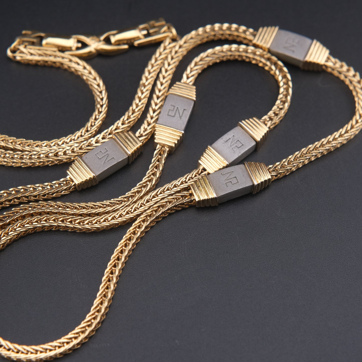 Vintage Nina Ricci Station Necklace – Gold-Tone with Brushed Metal Accents