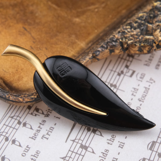 Vintage Givenchy Leaf Brooch – Black & Gold Modernist Design