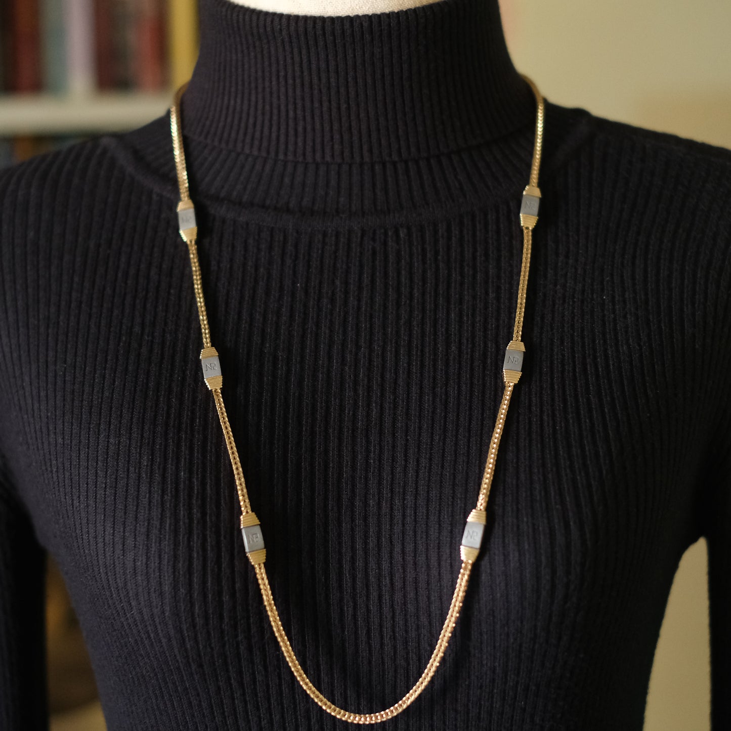 Vintage Nina Ricci Station Necklace – Gold-Tone with Brushed Metal Accents