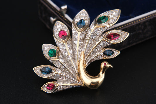 Vintage Attwood & Sawyer Peacock Brooch – Gold-Tone, Multi-Color Crystals