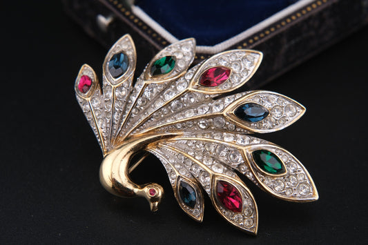 Vintage Attwood & Sawyer Peacock Brooch – Gold-Tone, Multi-Color Crystals