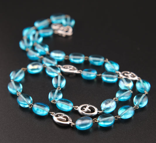 Vintage Givenchy Ocean Aqua Blue Glass Beads Necklace with Silver Swirl Accents