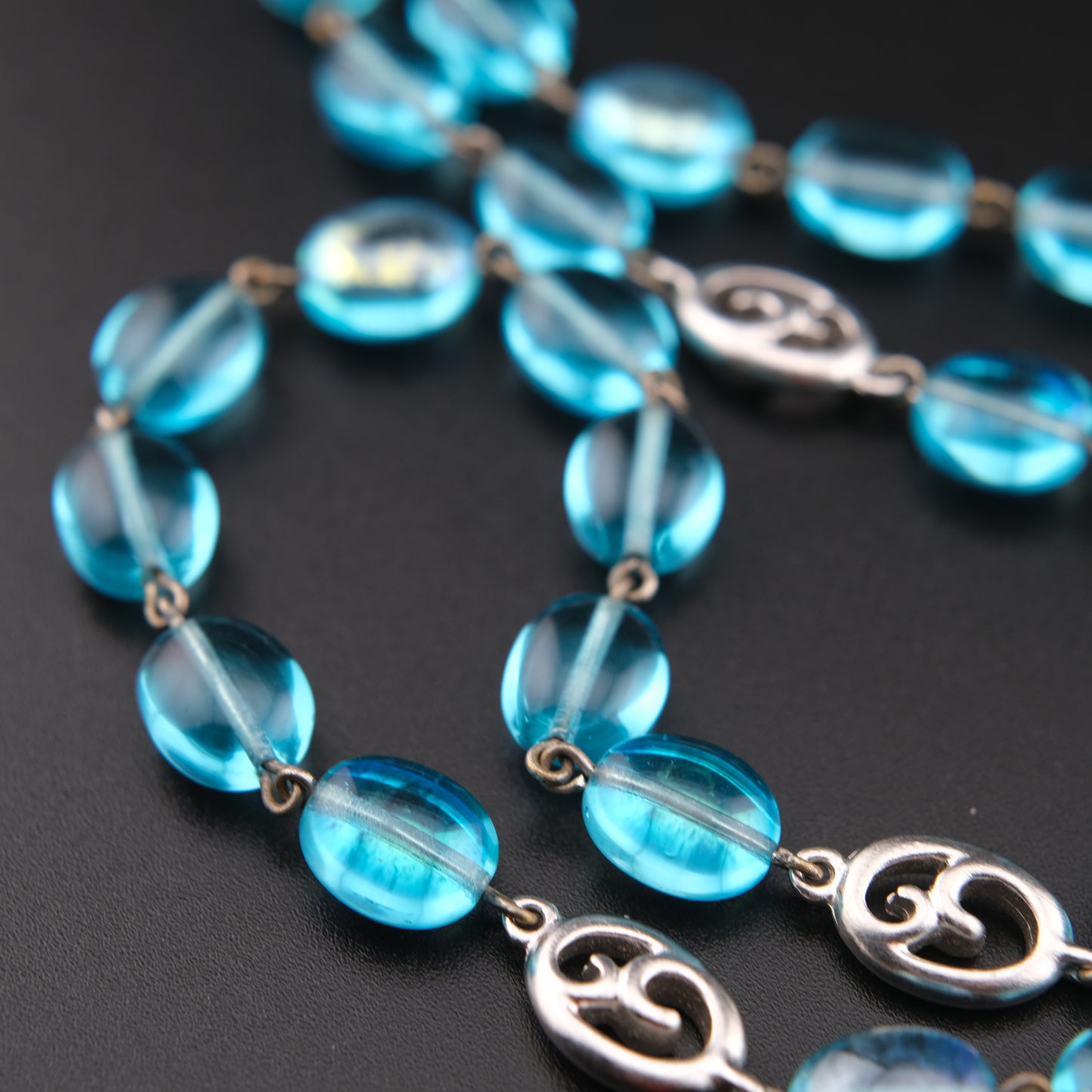 Vintage Givenchy Ocean Aqua Blue Glass Beads Necklace with Silver Swirl Accents